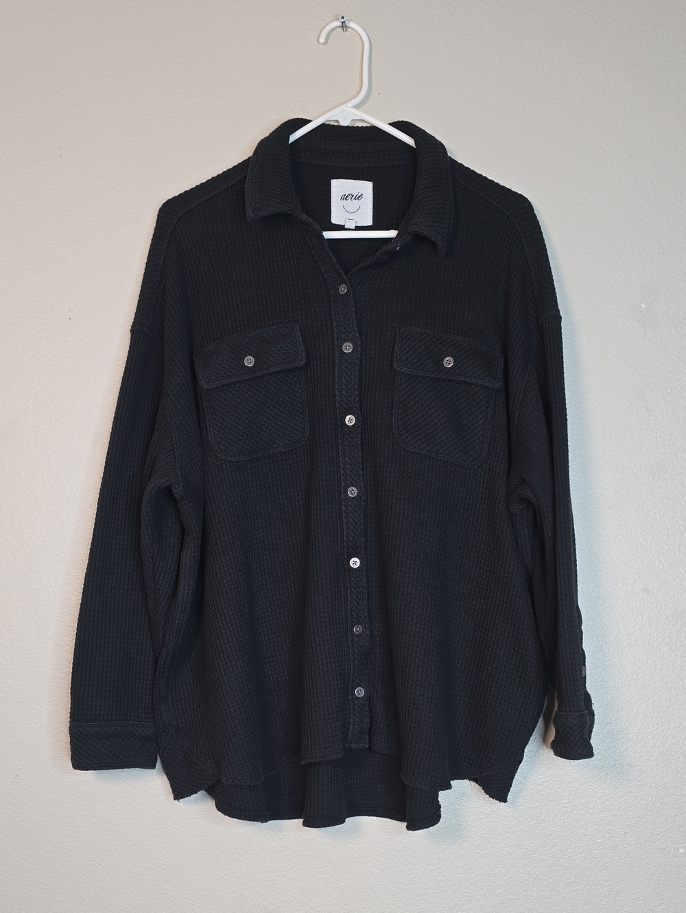 Aerie  Black Waffle Knit Button-Up Shirt Size M